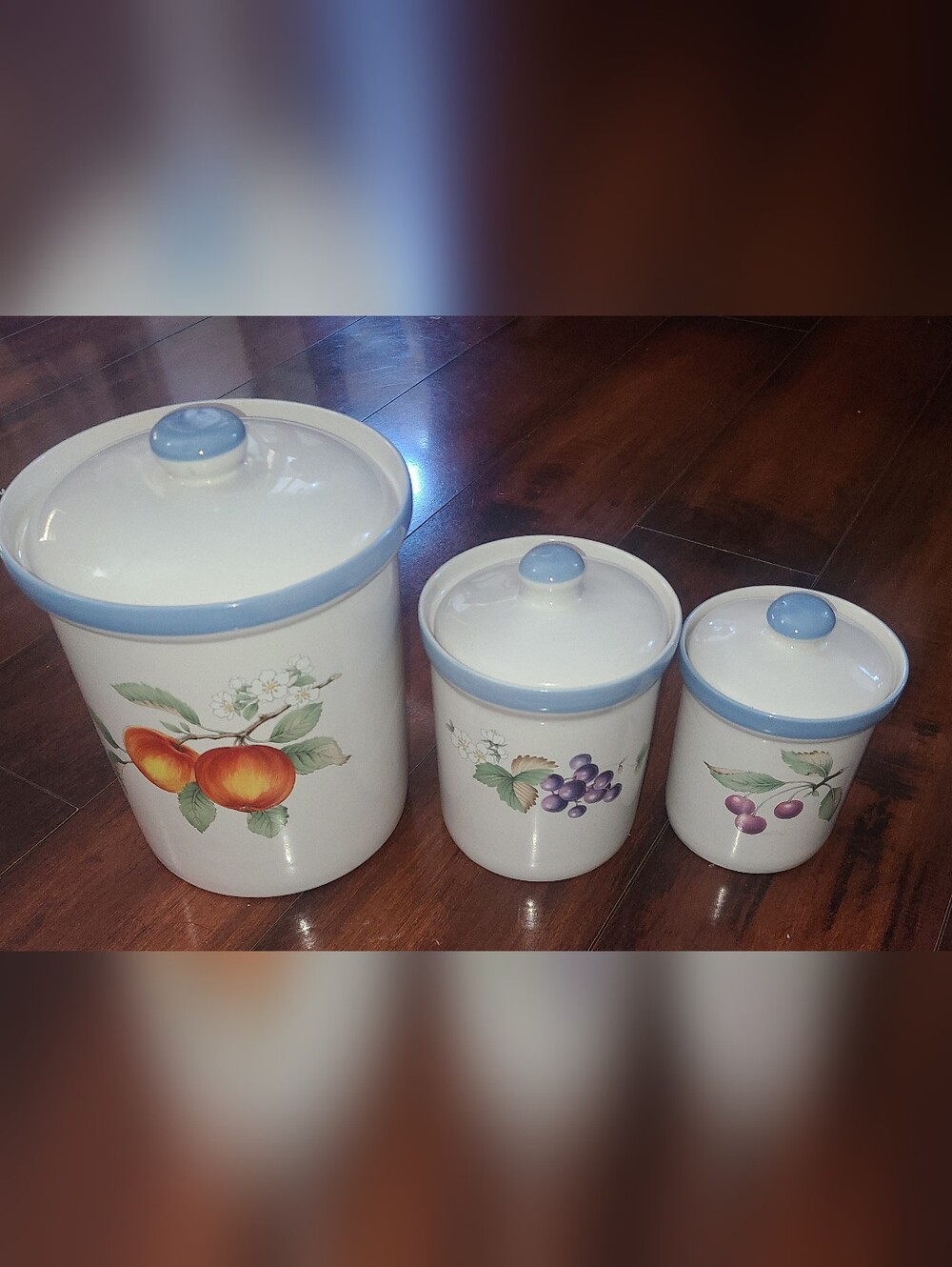 Vtg Savoir Vivre Luscious Canister Set JJ017 3 Pc Double Sided Fruit Blue Trim